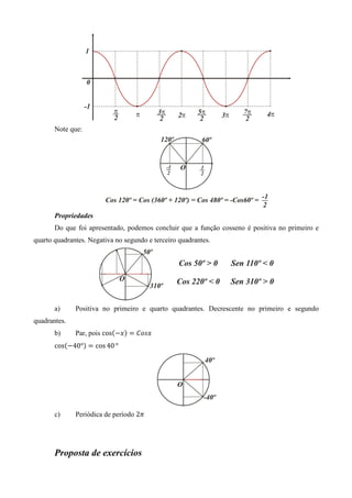 Note que:




       Propriedades
       Do que foi apresentado, podemos concluir que a função cosseno é positiva no primeiro e
quarto quadrantes. Negativa no segundo e terceiro quadrantes.




       a)     Positiva no primeiro e quarto quadrantes. Decrescente no primeiro e segundo
quadrantes.
       b)     Par, pois cosሺെ‫ݔ‬ሻ ൌ ‫ݔݏ݋ܥ‬
       cosሺെ40°ሻ ൌ cos 40 °




       c)     Periódica de período 2ߨ




       Proposta de exercícios
 