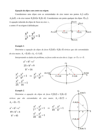 Equação da elipse com centro na origem.
        Consideremos uma elipse com as extremidades do eixo maior nos pontos A 1 (− a,0) e

A 2 (a,0) , e do eixo menor B1 (0, b) e B2 (0,−b) . Consideremos um ponto qualquer da elipse P( x,y) .
A equação reduzida da elipse de focos no eixo x ,
e centro O na origem é definida por:



                      x² y²
                        +   =1
                      a² b²

        Exemplo 1.
        Determine a equação da elipse de focos F1 (3,0) e F2 (0,−3) vértices que são extremidades

do eixo maior, A 1 = (5 , 0) e A 2 = (− 5 , 0) .
        Interpretando os dados do problema, os focos estão no eixo dos ‫ .ݔ‬Logo: a = 5 e c = 3 .

                    a 2 = b2 + c2
                    25 = b2 + 9
                      b2 = 16
         x² y²      x² y²
           +   =1 →   +   =1
         a² b²      5² b²
         x² y²
           +   =1
         25 16

        Exemplo 2.
        Determine a equação da elipse de focos F1 (0,2) e F2 (0,−2)

vértices que são extremidades do eixo              maior, A 1 = (0 ,7) e

A 2 = (0 , − 7) .

                                  x² y²                x² y²
a 2 = b2 + c 2                       +   =1 →            +   =1
                                  7 2 b²               49 b2
49 = b2 + 4
                                  x² y²
  b2 = 45                           +   =1
                                  49 45
 