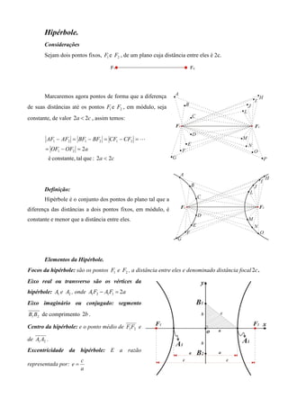 Hipérbole.
        Considerações
        Sejam dois pontos fixos, F1 e F2 , de um plano cuja distância entre eles é 2c.




        Marcaremos agora pontos de forma que a diferença
de suas distâncias até os pontos F1 e F2 , em módulo, seja
constante, de valor 2a < 2c , assim temos:


         AF1 − AF2 = BF1 − BF2 = CF1 − CF2 = L
        = OF1 − OF2 = 2a
         é constante, tal que : 2a < 2c




        Definição:
        Hipérbole é o conjunto dos pontos do plano tal que a
diferença das distâncias a dois pontos fixos, em módulo, é
constante e menor que a distância entre eles.




        Elementos da Hipérbole.
Focos da hipérbole: são os pontos F1 e F2 , a distância entre eles e denominado distância focal 2c .
Eixo real ou transverso são os vértices da
hipérbole: A1 e A2 , onde A1 F2 − A1F1 = 2a
Eixo imaginário ou conjugado: segmento
B1 B2 de comprimento 2b .

Centro da hipérbole: e o ponto médio de F1 F2 e

de A1 A2 .
Excentricidade da hipérbole: E a razão
                        c
representada por: e =
                        a
 