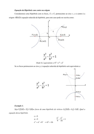 Equação da Hipérbole com centro na origem
       Consideremos uma Hipérbole com os focos, F1 e F2 pertencentes ao eixo x , e o centro é a

origem O(0,0) A equação reduzida da hipérbole, para este caso pode ser escrita como:




                                              x² y²
                                                − =1
                                              a² b²
                                    Onde ܾ é equivalente a b² = c² − a²
       Se os focos pertencerem ao eixo ‫ ,ݕ‬à equação reduzida da hipérbole será equivalente a:




                                     y² x²
                                       − =1
                                     a² b²




       Exemplo 1.
       Seja F1 (5,0) e F2 (− 5,0) os focos de uma hipérbole de vértices A 1 (3,0) e A 2 (− 3,0) . Qual a
equação dessa hipérbole.
                                 c=5
                                                                x2 y2
                                 a =3                             −   =1
                                                                9 16
                                 c 2 = a 2 + b2 → b2 = 16
 