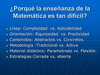 ¿Porqué la enseñanza de la
Matemática es tan difícil?








Línea: Complejidad vs. Aplicabilidad
Orientación: Rigurosidad vs. Practicidad
Contenidos: Abstractos vs. Concretos.
Metodología :Tradicional vs. Activa
Material didáctico: Parametrado vs. Flexible.
Estrategias:Cerrada vs. abierta

 