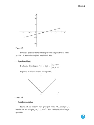 Módulo 2
133
2
4
y
−2
−4
0 0,5 1 1,5 2−0,5−1 x
Figura 3.5
Uma reta pode ser representada por uma função afim da forma
y = ax + b . Precisamos apenas determinar a eb .
Função módulo
É a função definida por f (x) = | x | =
x, x ≥ 0
−x, x < 0
⎧
⎨
⎩
O gráfico da função módulo é o seguinte:
0
y
x
Figura 3.6
Função quadrática
Sejam a,b e c números reais quaisquer, coma ≠ 0. A função f ,
definidaem ° edadapor y = f (x) = ax2
+ bx + c recebenomedefunção
quadrática.
•
•
 