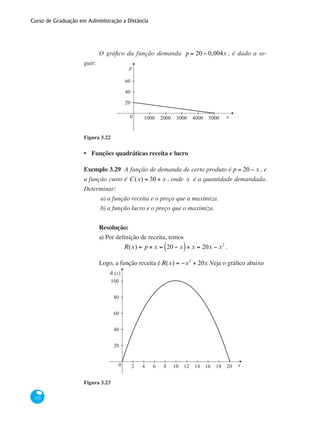 Curso de Graduação em Administração a Distância
152
O gráfico da função demanda p = 20 − 0,004x , é dado a se-
guir:
p
x0 1000 2000 3000 4000 5000
20
60
40
Figura 3.22
Funções quadráticas receita e lucro
Exemplo 3.29 A função de demanda de certo produto é p = 20 − x , e
a função custo é C(x) = 30 + x , onde x é a quantidade demandada.
Determinar:
a) a função receita e o preço que a maximiza.
b) a função lucro e o preço que o maximiza.
Resolução:
a) Por definição de receita, temos
R(x) = p × x = 20 − x( )× x = 20x − x2
.
Logo, a função receita éR(x) = −x2
+ 20x .Veja o gráfico abaixo
R (x)
x0 2 4 6 8 10 12 14 16 18 20
20
60
80
100
40
Figura 3.23
•
 