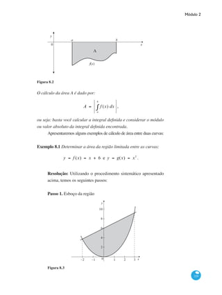 Módulo 2
329
x0
a b
y
f(x)
A
Figura 8.2
O cálculo da área A é dado por:
A = f (x) dx
a
b
∫ ,
ou seja: basta você calcular a integral definida e considerar o módulo
ou valor absoluto da integral definida encontrada.
Apresentaremos alguns exemplos de cálculo de área entre duas curvas:
Exemplo 8.1 Determinar a área da região limitada entre as curvas:
y = f (x) = x + 6 e y = g(x) = x2
.
Resolução: Utilizando o procedimento sistemático apresentado
acima, temos os seguintes passos:
Passo 1. Esboço da região
y
x0−1 1 2 3−2
2
4
6
8
10
Figura 8.3
 