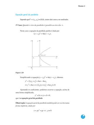 Módulo 2
41
Equação geral da parábola
Supondo queV = (x0
,y0
) ≠ (0,0) , temos dois casos a ser analisadas.
1º Caso: Quando o eixo da parábola é paralelo ao eixo dos x .
Neste caso a equação da parábola padrão é dada por
(y − y0
)2
= 4a(x − x0
) .
y
x
(x , y )0 0
y0
x
V
0
0
x´
y´
Figura 1.20
Simplificando a equação(y − y0
)2
= 4a(x − x0
) , obtemos
	
y2
− 2yy0
+ y0
2
= 4ax − 4ax0
	
⇒ y2
+ 4ax + (−2y0
)y + (y0
2
+ 4ax0
) = 0
Ajustando os coeficientes, podemos escrever a equação, acima de
uma forma simplificada,
y2
+ bx + cy + d = 0,
que é a equação geral da parábola
Observação A equação geral da parábola também pode ser escrita numa
forma implícita, dada por
x = py2
+ qy + r, p ≠ 0
 