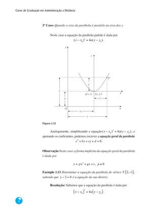 Curso de Graduação em Administração a Distância
42
2º Caso: Quando o eixo da parábola é paralelo ao eixo dos y
Neste caso a equação da parábola padrão é dada por
(x − x0
)2
= 4a(y − y0
) .
y
x
y´
x´
x
x
0
(x , y )0 0O´= V
x´
y´
y
y0
O
P
Figura 1.21
Analogamente, simplificando a equação(x − x0
)2
= 4a(y − y0
) , e
ajustando os coeficientes, podemos escrever a equação geral da parábola
x2
+ bx + cy + d = 0.
	
Observação Neste caso, a forma implícita da equação geral da parábola
é dada por
y = px2
+ qx + r, p ≠ 0
Exemplo 1.13 Determinar a equação da parábola de vértice V 2,−1( ),
sabendo que y − 2 = 0 é a equação da sua diretriz.
Resolução: Sabemos que a equação da parábola é dada por
x − x0( )
2
= 4a y − y0( ).
 