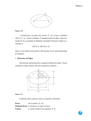 Módulo 2
47
P
F1 F2
Figura 1.26
	 Consideremos no plano dois pontos F1
e F2
tal que a distância
d(F1
,F2
) = 2c . Vamos considerar P qualquer ponto da elipse, então cha-
mando de 2a a constante de definição, um ponto P pertence à elipse se, e
somente se
d(P,F1
) + d(P,F2
) = 2a
onde a é um número real positivo. Obviamente 2a>2c pela propriedade
de triângulo.
Elementos da Elipse
Inicialmente apresentaremos a equação reduzida da elipse. Vamos
considerar a figura abaixo com suas respectivas notações.
a
b
c
a
2a
2b
2c
A
B
C
F
1
2F
2A
1
B1
2
Figura 1.27
Conforme figura anterior, temos os seguintes elementos:
Focos: 	 são os pontos F1
e F2
.
Distância focal: 	é a distância 2c entre os focos.
Centro: 	 é o ponto médio C do segmento F1
F2
.
•
 