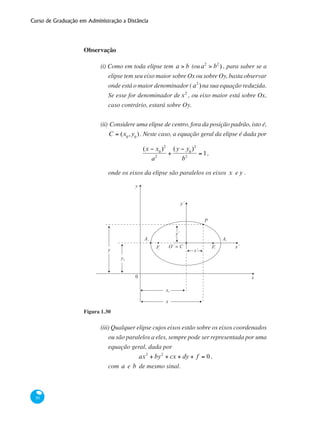 Curso de Graduação em Administração a Distância
50
Observação
(i) Como em toda elipse tem a > b (oua2
> b2
) , para saber se a
elipse tem seu eixo maior sobre Ox ou sobre Oy, basta observar
onde está o maior denominador (a2
)na sua equação reduzida.
Se esse for denominador dex2
, ou eixo maior está sobre Ox,
caso contrário, estará sobre Oy.
(ii)	Considere uma elipse de centro, fora da posição padrão, isto é,
C = (x0
,y0
). Neste caso, a equação geral da elipse é dada por
(x − x0
)2
a2
+
(y − y0
)2
b2
= 1,
onde os eixos da elipse são paralelos os eixos x e y .
y
x
x´
y´
y
y
0
A
y´
F O´ = C
x´
F
P
A
x
x
0
1
2
2
0
1
Figura 1.30
(iii) Qualquer elipse cujos eixos estão sobre os eixos coordenados
ou são paralelos a eles, sempre pode ser representada por uma
equação geral, dada por
ax2
+ by2
+ cx + dy + f = 0 ,
com a e b de mesmo sinal.
 
