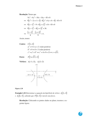 Módulo 2
61
Resolução: Temos que
	
9x2
− 4y2
−18x −16y − 43 = 0
⇒ 9 x2
− 2x +1−1( )− 4 y2
+ 4y + 4 − 4( )− 43 = 0
⇒ 9 x −1( )
2
− 9 − 4 y + 2( )
2
+16 − 43 = 0
⇒ 9 x −1( )
2
− 4 y + 2( )
2
= 36
⇒
x −1( )
2
4
−
y + 2( )
2
9
= 1.
Assim, temos:
Centro: 	 C 1,−2( )
	 a2
= 4 ⇒ a = 2 (valor positivo)
	 b2
= 9 ⇒ b = 3 (valor positivo)
	 c2
= a2
+ b2
⇒ c2
= 4 + 9 = 13⇒ c = 13 .
Focos:	 F 1± 13,−2( )	
Vértices:	 A1
(−1,−2), A2
(3,−2)
y
x
A (-1, -2) A (3, -2)1 2
C (1,-2)
Figura 1.38
Exemplo 1.22 Determinar a equação da hipérbole de vértice A1
2,−3( )
e A2
6,−3( ), sabendo que F 8,−3( ) é um de seus focos.
Resolução: Colocando os pontos dados no plano, teremos a se-
guinte figura:
 