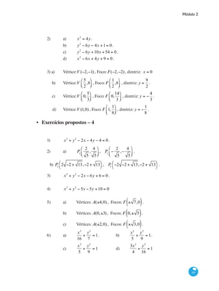 Módulo 2
69
2) 	 a)	 x2
= 4y .			
		 b) 	 y2
− 6y − 4x +1= 0 .
		 c)	 y2
− 6y +10x + 54 = 0 .	
		 d)	 x2
− 6x + 4y + 9 = 0.
3) a)	 Vértice:V (−2,−1) , Foco: F(−2,−2), diretriz: x = 0
	 b)	 Vértice:V
5
2
,8
⎛
⎝⎜
⎞
⎠⎟ , Foco: F
1
2
,8
⎛
⎝⎜
⎞
⎠⎟ , diretriz: y =
9
2
.
	 c)	 Vértice:V 0,
5
3
⎛
⎝⎜
⎞
⎠⎟ , Foco: F 0,
14
3
⎛
⎝⎜
⎞
⎠⎟ , diretriz: y = −
4
3
.
d)	 Vértice:V (1,0) , Foco: F 1,
1
8
⎛
⎝⎜
⎞
⎠⎟ , diretriz: y = −
1
8
.
Exercícios propostos – 4
1)	 x2
+ y2
− 2x − 4y − 4 = 0.
2)	 a)	 P1
2
5
,
4
5
⎛
⎝⎜
⎞
⎠⎟ , P1
−
2
5
,−
4
5
⎛
⎝⎜
⎞
⎠⎟ .
	 b) P1
2 −2 + 13,−2 + 13
⎛
⎝
⎞
⎠
, P1
−2 −2 + 13,−2 + 13
⎛
⎝
⎞
⎠
.
3)	 x2
+ y2
− 2x − 6y + 6 = 0 .
4)	 x2
+ y2
− 5x − 5y +10 = 0
5)	 a)	 Vértices: A(±4,0), Focos: F ± 7,0( ).
	 	 b)	 Vértices: A(0,±3), Focos: F 0,± 5( ).	
		 c)	 Vértices: A(±2,0), Focos: F ± 3,0( ).
6)	 a)	
x2
16
+
y2
7
= 1.		 b)	
x2
5
+
y2
9
= 1.
		 c)	
x2
5
+
y2
9
= 1		 d)	
3x2
4
+
y2
16
= 1
•
 