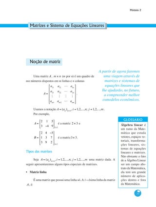 Módulo 2
73
Matrizes e Sistema de Equações Lineares
Noção de matriz
Uma matriz A, m × n (m por n) é um quadro de
mn números dispostos em m linhas e n colunas
A =
a11
a12
L a1n
a21
a22
L a2n
M M M M
am1
am2
L amn
⎡
⎣
⎢
⎢
⎢
⎢
⎢
⎤
⎦
⎥
⎥
⎥
⎥
⎥
.
Usamos a notação A = (aij
)m×n
, i = 1,2,...,n; j = 1,2,...,m .
Por exemplo,
A =
2 1 5
3 −4 9
⎡
⎣
⎢
⎤
⎦
⎥
2×3
é a matriz 2 × 3 e
B =
2 4 −5
1 3 7
3 9 2
⎡
⎣
⎢
⎢
⎢
⎤
⎦
⎥
⎥
⎥
3×3
é a matriz3× 3.
Tipos das matrizes
Seja A = (aij
)m×n
, i = 1,2,...,n; j = 1,2,...,m uma matriz dada. A
seguir apresentaremos alguns tipos especiais de matrizes.
Matriz linha
É uma matriz que possui uma linha só. A i − ésima linha da matriz
A, é:
•
A partir de agora faremos
uma viagem através de
matrizes e sistemas de
equações lineares que
lhe ajudarão, no futuro,
a compreender melhor
osmodelos econômicos.
Álgebra linear é
um ramo da Mate-
mática que estuda
vetores, espaços ve-
toriais, transforma-
ções lineares, sis-
temas de equações
lineares e matrizes.
Não obstante o fato
de a Álgebra Linear
ser um campo abs-
trato da Matemática,
ela tem um grande
número de aplica-
ções dentro e fora
da Matemática.
 