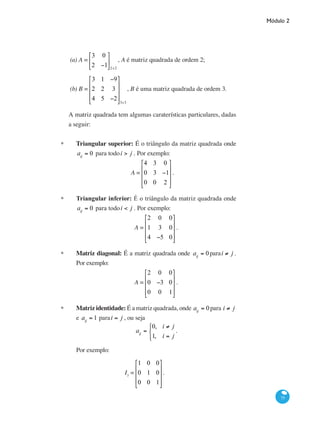 Módulo 2
75
(a) A =
3 0
2 −1
⎡
⎣
⎢
⎤
⎦
⎥
2x2
, A é matriz quadrada de ordem 2;
(b) B =
3 1 −9
2 2 3
4 5 −2
⎡
⎣
⎢
⎢
⎢
⎤
⎦
⎥
⎥
⎥
3x3
, B é uma matriz quadrada de ordem 3.
A matriz quadrada tem algumas caraterísticas particulares, dadas
a seguir:
°	 Triangular superior: É o triângulo da matriz quadrada onde
aij
= 0 para todoi > j . Por exemplo:
A =
4 3 0
0 3 −1
0 0 2
⎡
⎣
⎢
⎢
⎢
⎤
⎦
⎥
⎥
⎥
.
°	 Triangular inferior: É o triângulo da matriz quadrada onde
aij
= 0 para todoi < j . Por exemplo:
A =
2 0 0
1 3 0
4 −5 0
⎡
⎣
⎢
⎢
⎢
⎤
⎦
⎥
⎥
⎥
.
°	 Matriz diagonal: É a matriz quadrada onde aij
= 0parai ≠ j .
Por exemplo:
A =
2 0 0
0 −3 0
0 0 1
⎡
⎣
⎢
⎢
⎢
⎤
⎦
⎥
⎥
⎥
.
°	 Matriz identidade: É a matriz quadrada, onde aij
= 0para i ≠ j
e aij
= 1 parai = j , ou seja
aij
=
0, i ≠ j
1, i = j
⎧
⎨
⎩
.
Por exemplo:
I3
=
1 0 0
0 1 0
0 0 1
⎡
⎣
⎢
⎢
⎢
⎤
⎦
⎥
⎥
⎥
.
 
