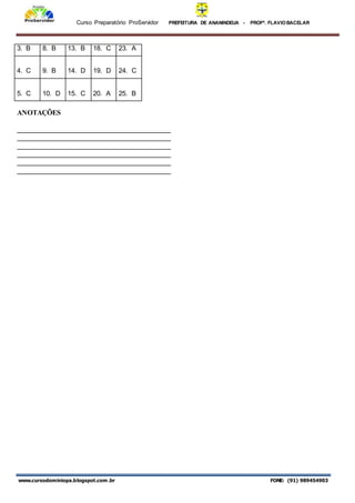 Curso Preparatório ProServidor PREFEITURA DE ANANINDEUA - PROFª. FLAVIOBACELAR
www.cursodominiopa.blogspot.com .br FONE: (91) 989454903
3. B 8. B 13. B 18. C 23. A
4. C 9. B 14. D 19. D 24. C
5. C 10. D 15. C 20. A 25. B
ANOTAÇÕES
___________________________________________
___________________________________________
___________________________________________
___________________________________________
___________________________________________
___________________________________________
 