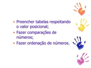 Preencher tabelas respeitando o valor posicional; Fazer comparações de números; Fazer ordenação de números. 