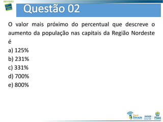 O valor mais próximo do percentual que descreve o
aumento da população nas capitais da Região Nordeste
é
a) 125%
b) 231%
c) 331%
d) 700%
e) 800%
 