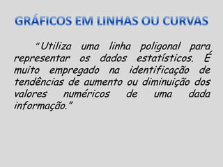 GRÁFICOS EM LINHAS OU CURVAS“Utiliza uma linha poligonal para representar os dados estatísticos. É muito empregado na identificação de tendências de aumento ou diminuição dos valores numéricos de uma dada informação.”