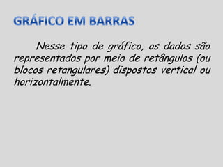 GRÁFICO EM BARRASNesse tipo de gráfico, os dados são representados por meio de retângulos (ou blocos retangulares) dispostos vertical ou horizontalmente.