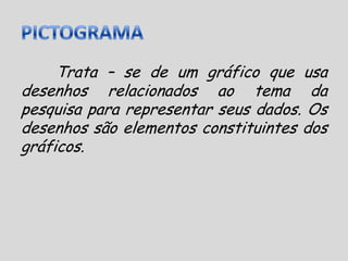 PICTOGRAMATrata – se de um gráfico que usa desenhos relacionados ao tema da pesquisa para representar seus dados. Os desenhos são elementos constituintes dos gráficos.