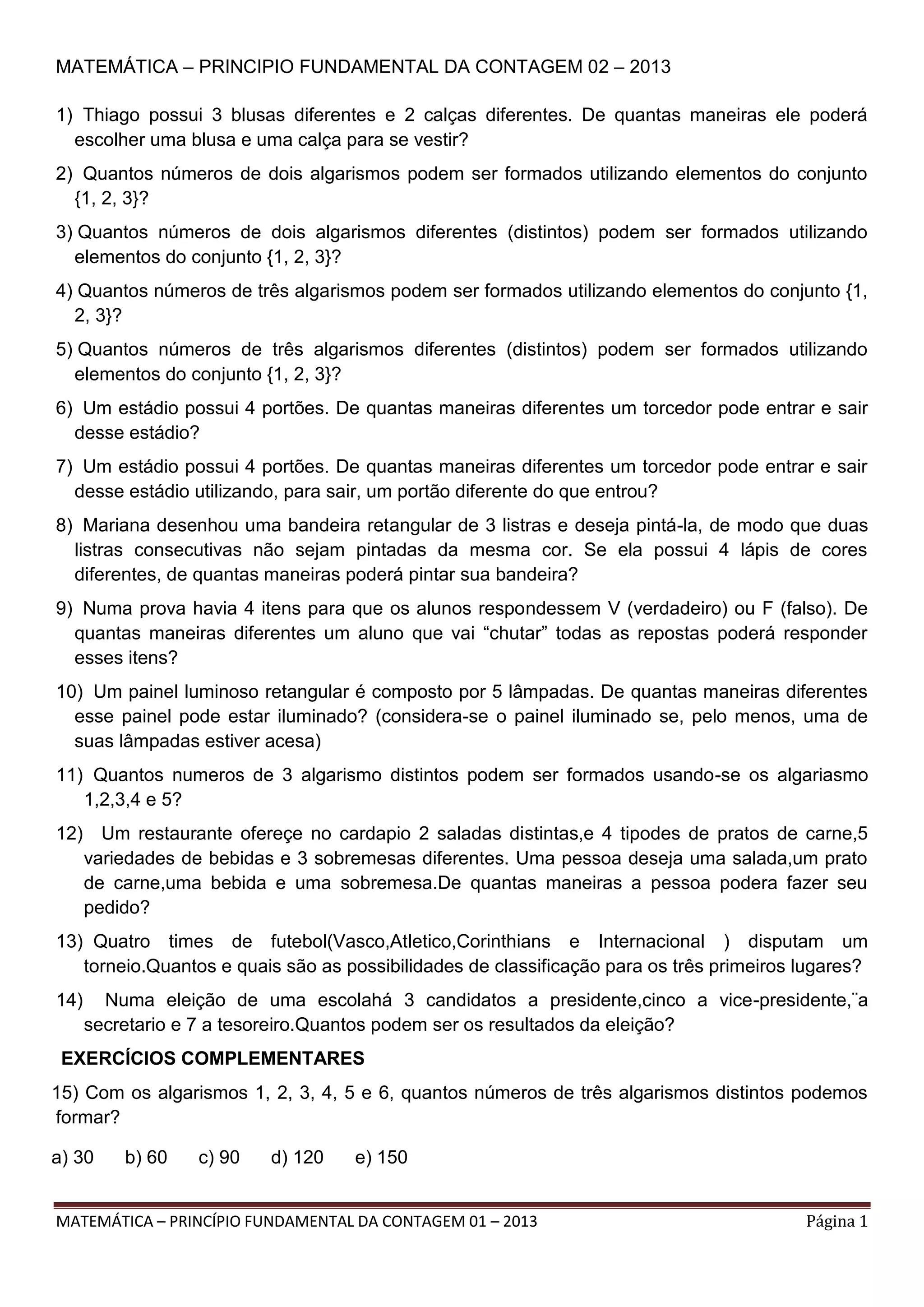 Matemática – principio fundamental da contagem 02 – 2013 | PDF