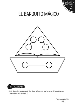 Matemática
                                                                             Recreativa
                                                                                        2
            EL BARQUITO MÁGICO




 INSTRUCCIONES
Distribuye los números del 1 al 6 de tal manera que la suma de los números
conectados sea siempre 7.


                                                               Curso de verano - 2003
                                                                      PUCP
 