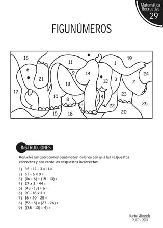 Matemática
                                                                                     Recreativa
                                                                                            29
                         FIGUNÚMEROS

          16                                                             19
                                   11                          1
           6
                                      9         14                                     24
                  21                                     12    3
                                 13                                           2

17
                                                                    23
                           10                            4
                                  8                  7
                                           15
                                                              22                      25

                          15       18                              20




      INSTRUCCIONES
     Resuelve las operaciones combinadas. Colorea con gris las respuestas
     correctas y con verde las respuestas incorrectas.

     1)   35 + 12 - 3 x 11 =
     2)   63 - 6 x 9 =
     3)   (16 + 6) (15 - 13) =
     4)   27 x 2 - 44 =
     5)   (43 - 13) 6 =
     6)   90 - 18 x 4 =
     7)   18 + 20 - 25 =
     8)   (56 8) x (27 - 26) =
     9)   ((68 - 10) 4) =

                                                                            Karina Valenzuela
                                                                             PUCP - 2003
 