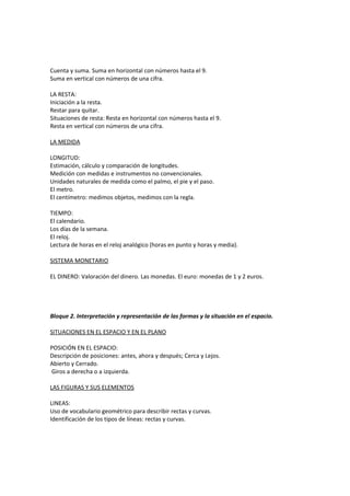 Cuenta y suma. Suma en horizontal con números hasta el 9.
Suma en vertical con números de una cifra.
LA RESTA:
Iniciación a la resta.
Restar para quitar.
Situaciones de resta: Resta en horizontal con números hasta el 9.
Resta en vertical con números de una cifra.
LA MEDIDA
LONGITUD:
Estimación, cálculo y comparación de longitudes.
Medición con medidas e instrumentos no convencionales.
Unidades naturales de medida como el palmo, el pie y el paso.
El metro.
El centímetro: medimos objetos, medimos con la regla.
TIEMPO:
El calendario.
Los días de la semana.
El reloj.
Lectura de horas en el reloj analógico (horas en punto y horas y media).
SISTEMA MONETARIO
EL DINERO: Valoración del dinero. Las monedas. El euro: monedas de 1 y 2 euros.

Bloque 2. Interpretación y representación de las formas y la situación en el espacio.
SITUACIONES EN EL ESPACIO Y EN EL PLANO
POSICIÓN EN EL ESPACIO:
Descripción de posiciones: antes, ahora y después; Cerca y Lejos.
Abierto y Cerrado.
Giros a derecha o a izquierda.
LAS FIGURAS Y SUS ELEMENTOS
LINEAS:
Uso de vocabulario geométrico para describir rectas y curvas.
Identificación de los tipos de líneas: rectas y curvas.

 