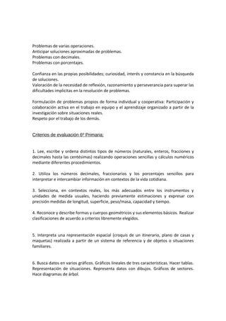 Problemas de varias operaciones.
Anticipar soluciones aproximadas de problemas.
Problemas con decimales.
Problemas con porcentajes.
Confianza en las propias posibilidades; curiosidad, interés y constancia en la búsqueda
de soluciones.
Valoración de la necesidad de reflexión, razonamiento y perseverancia para superar las
dificultades implícitas en la resolución de problemas.
Formulación de problemas propios de forma individual y cooperativa: Participación y
colaboración activa en el trabajo en equipo y el aprendizaje organizado a partir de la
investigación sobre situaciones reales.
Respeto por el trabajo de los demás.
Criterios de evaluación 6º Primaria:
1. Lee, escribe y ordena distintos tipos de números (naturales, enteros, fracciones y
decimales hasta las centésimas) realizando operaciones sencillas y cálculos numéricos
mediante diferentes procedimientos.
2. Utiliza los números decimales, fraccionarios y los porcentajes sencillos para
interpretar e intercambiar información en contextos de la vida cotidiana.
3. Selecciona, en contextos reales, los más adecuados entre los instrumentos y
unidades de medida usuales, haciendo previamente estimaciones y expresar con
precisión medidas de longitud, superficie, peso/masa, capacidad y tiempo.
4. Reconoce y describe formas y cuerpos geométricos y sus elementos básicos. Realizar
clasificaciones de acuerdo a criterios libremente elegidos.
5. Interpreta una representación espacial (croquis de un itinerario, plano de casas y
maquetas) realizada a partir de un sistema de referencia y de objetos o situaciones
familiares.
6. Busca datos en varios gráficos. Gráficos lineales de tres características. Hacer tablas.
Representación de situaciones. Representa datos con dibujos. Gráficos de sectores.
Hace diagramas de árbol.

 