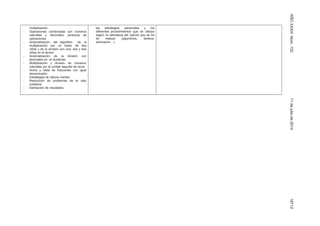 AÑOXXXIIINúm.13211dejuliode201418712
multiplicación.
- Operaciones combinadas con números
naturales y decimales, jerarquía de
operaciones.
- Automatización del algoritmo de la
multiplicación por un factor de tres
cifras y de la división con una, dos y tres
cifras en el divisor.
- Automatización de la división con
decimales en el dividendo
- Multiplicación y división de números
naturales por la unidad seguida de ceros
- Suma y resta de fracciones con igual
denominador.
- Estrategias de cálculo mental.
- Resolución de problemas de la vida
cotidiana
- Estimación de resultados
las estrategias personales y los
diferentes procedimientos que se utilizan
según la naturaleza del calculo que se ha
de realizar (algoritmos, tanteos,
estimación…).
 