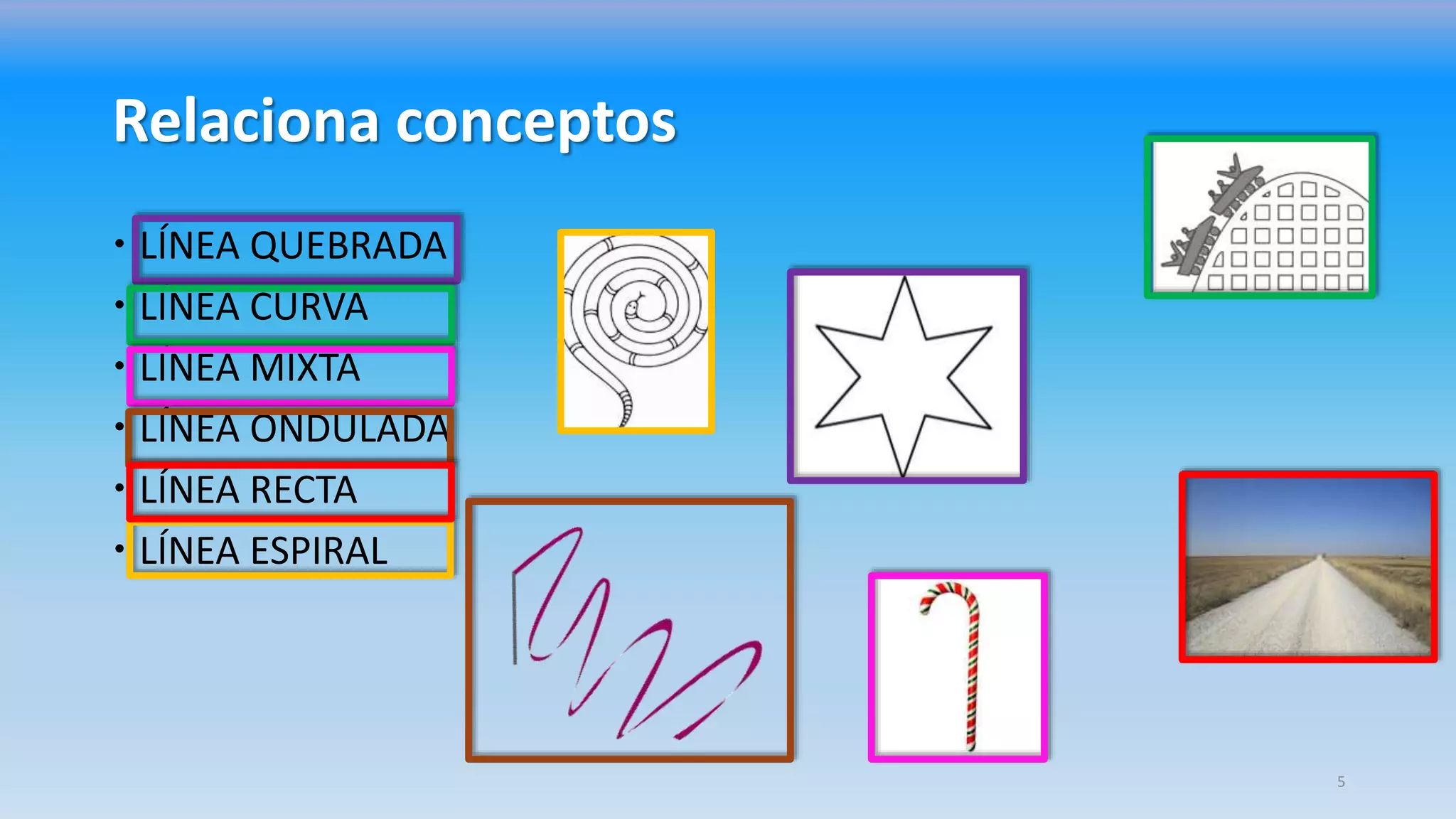 Relaciona conceptos
 LÍNEA QUEBRADA
 LÍNEA CURVA
 LÍNEA MIXTA
 LÍNEA ONDULADA
 LÍNEA RECTA
 LÍNEA ESPIRAL
5
 