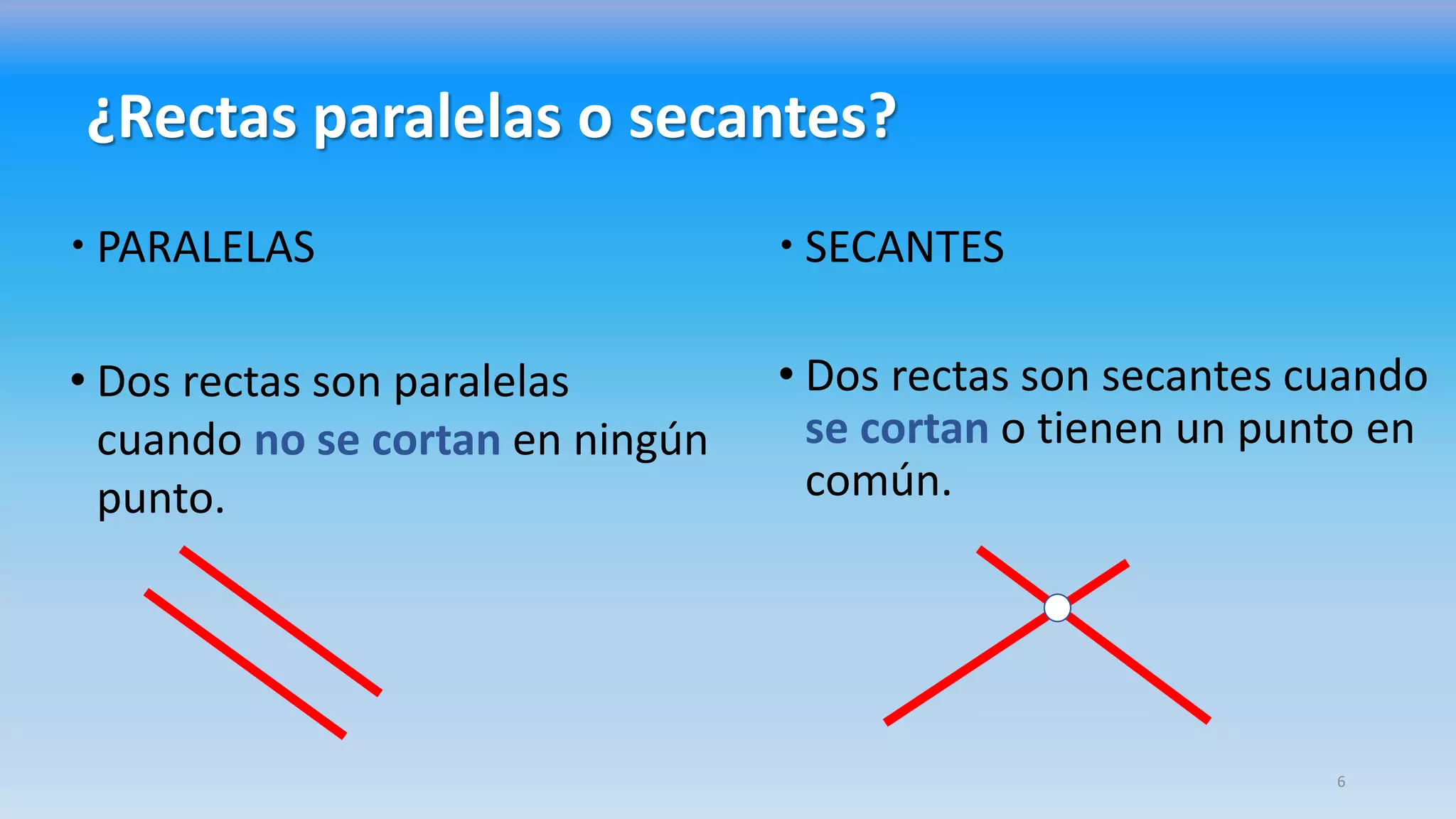 ¿Rectas paralelas o secantes?
 PARALELAS
• Dos rectas son paralelas
cuando no se cortan en ningún
punto.
 SECANTES
• Dos rectas son secantes cuando
se cortan o tienen un punto en
común.
6
 