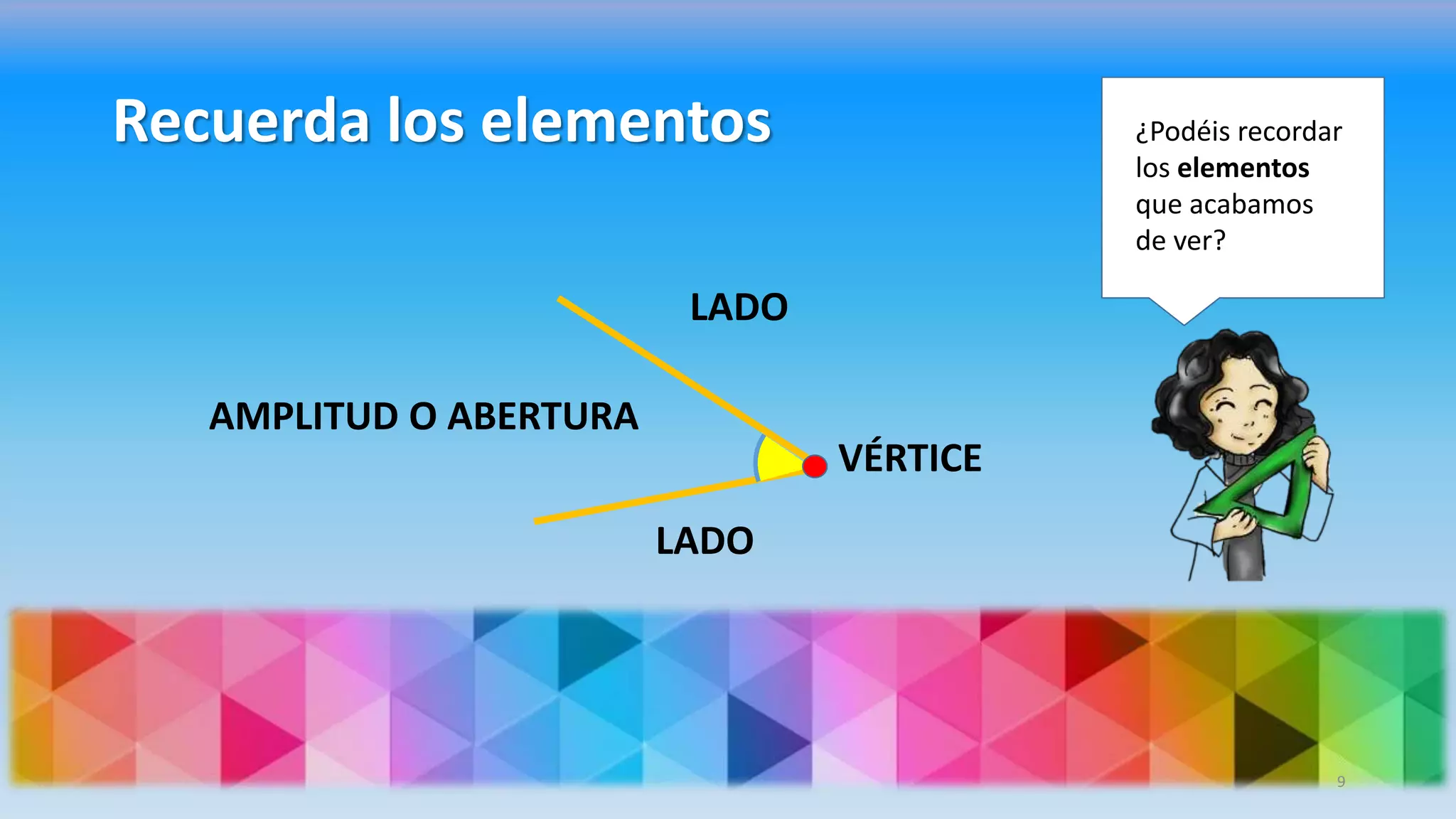 Recuerda los elementos
LADO
VÉRTICE
AMPLITUD O ABERTURA
LADO
¿Podéis recordar
los elementos
que acabamos
de ver?
9
 