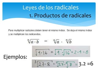 Leyes de los radicales 
1. Productos de radicales 
3.2 =6 
Ejemplos: 
 