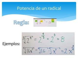 Potencia de un radical 
Ejemplos: 
 