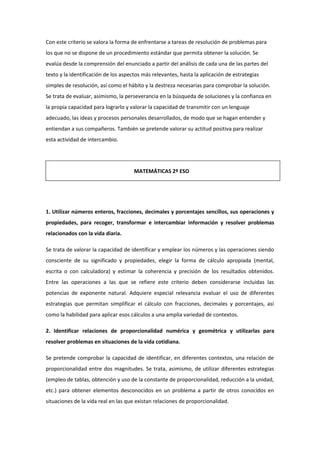 Con este criterio se valora la forma de enfrentarse a tareas de resolución de problemas para
los que no se dispone de un procedimiento estándar que permita obtener la solución. Se
evalúa desde la comprensión del enunciado a partir del análisis de cada una de las partes del
texto y la identificación de los aspectos más relevantes, hasta la aplicación de estrategias
simples de resolución, así como el hábito y la destreza necesarias para comprobar la solución.
Se trata de evaluar, asimismo, la perseverancia en la búsqueda de soluciones y la confianza en
la propia capacidad para lograrlo y valorar la capacidad de transmitir con un lenguaje
adecuado, las ideas y procesos personales desarrollados, de modo que se hagan entender y
entiendan a sus compañeros. También se pretende valorar su actitud positiva para realizar
esta actividad de intercambio.

MATEMÁTICAS 2º ESO

1. Utilizar números enteros, fracciones, decimales y porcentajes sencillos, sus operaciones y
propiedades, para recoger, transformar e intercambiar información y resolver problemas
relacionados con la vida diaria.
Se trata de valorar la capacidad de identificar y emplear los números y las operaciones siendo
consciente de su significado y propiedades, elegir la forma de cálculo apropiada (mental,
escrita o con calculadora) y estimar la coherencia y precisión de los resultados obtenidos.
Entre las operaciones a las que se refiere este criterio deben considerarse incluidas las
potencias de exponente natural. Adquiere especial relevancia evaluar el uso de diferentes
estrategias que permitan simplificar el cálculo con fracciones, decimales y porcentajes, así
como la habilidad para aplicar esos cálculos a una amplia variedad de contextos.
2. Identificar relaciones de proporcionalidad numérica y geométrica y utilizarlas para
resolver problemas en situaciones de la vida cotidiana.
Se pretende comprobar la capacidad de identificar, en diferentes contextos, una relación de
proporcionalidad entre dos magnitudes. Se trata, asimismo, de utilizar diferentes estrategias
(empleo de tablas, obtención y uso de la constante de proporcionalidad, reducción a la unidad,
etc.) para obtener elementos desconocidos en un problema a partir de otros conocidos en
situaciones de la vida real en las que existan relaciones de proporcionalidad.

 