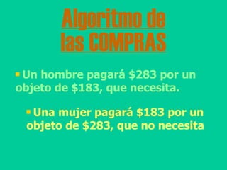 Algoritmo de las COMPRAS Un hombre pagará $283 por un objeto de $183, que necesita. Una mujer pagará $183 por un objeto de $283, que no necesita 