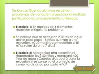 31


Se busca: Que los alumnos resuelvan
problemas de variación proporcional múltiple
justificando los procedimientos utilizados.

   Ejercicio 1: En equipos de 4 elementos,
    resuelvan el siguiente problema:

   Se calcula que se necesitan 20 litros de agua
    diarios para cada 15 niños que van a una
    excursión. ¿Cuántos litros se necesitan si 45
    niños salen durante 7 días?

   Ejercicio 2: Al organizar otra excursión el
    responsable llevó 60 niños y transportó 420
    litros de agua ¿Cuántos días podrá durar la
    excursión, si se conserva el promedio de
    consumo de agua por cada niño?
                                              Inicio - Siguiente
 