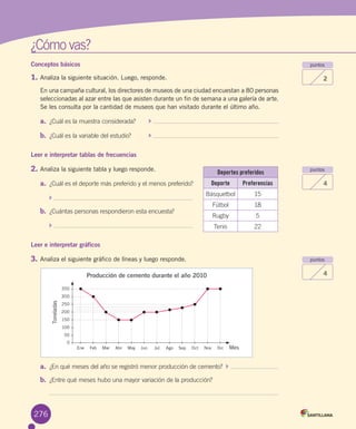 ¿Cómo	vas?
puntos
2
puntos
4
puntos
4
Conceptos básicos
1.	Analiza la siguiente situación. Luego, responde.
En una campaña cultural, los directores de museos de una ciudad encuestan a 80 personas
seleccionadas al azar entre las que asisten durante un fin de semana a una galería de arte.
Se les consulta por la cantidad de museos que han visitado durante el último año.
a.	 ¿Cuál	es	la	muestra	considerada?	 	 	
b.	 ¿Cuál	es	la	variable	del	estudio?	 	 	
Leer e interpretar tablas de frecuencias
2.	Analiza la siguiente tabla y luego responde.
a.	 ¿Cuál	es	el	deporte	más	preferido	y	el	menos	preferido?	
	
b.	 ¿Cuántas	personas	respondieron	esta	encuesta?
	
Leer e interpretar gráficos
3.	Analiza el siguiente gráfico de líneas y luego responde.
a.	 ¿En	qué	meses	del	año	se	registró	menor	producción	de	cemento?		 	
b.	 ¿Entre	qué	meses	hubo	una	mayor	variación	de	la	producción?
Deportes preferidos
Deporte Preferencias
Básquetbol 15
Fútbol 18
Rugby 5
Tenis 22
Producción de cemento durante el año 2010
Mes
350
300
150
250
200
50
100
0
Toneladas
Ene Feb Mar Abr May Jun Jul Ago Sep Oct Nov Dic
276
 