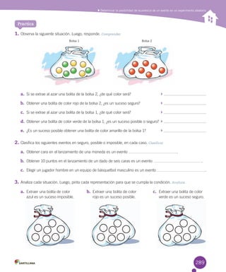 Determinar la posibilidad de ocurrencia de un evento en un experimento aleatorio
1.	Observa	la	siguiente	situación.	Luego,	responde.	Comprender
a.	 Si	se	extrae	al	azar	una	bolita	de	la	bolsa	2,	¿de	qué	color	será?	 	
b.	 Obtener	una	bolita	de	color	rojo	de	la	bolsa	2,	¿es	un	suceso	seguro?	 	
c.	 Si	se	extrae	al	azar	una	bolita	de	la	bolsa	1,	¿de	qué	color	será?	 	
d.	 Obtener	una	bolita	de	color	verde	de	la	bolsa	1,	¿es	un	suceso	posible	o	seguro?	 	
e.	 ¿Es	un	suceso	posible	obtener	una	bolita	de	color	amarillo	de	la	bolsa	1?	 	
2.	Clasifica	los	siguientes	eventos	en	seguro,	posible	o	imposible,	en	cada	caso.	Clasificar
a.	 Obtener	cara	en	el	lanzamiento	de	una	moneda	es	un	evento	 .
b.	 Obtener	10	puntos	en	el	lanzamiento	de	un	dado	de	seis	caras	es	un	evento	 .
c.	 Elegir	un	jugador	hombre	en	un	equipo	de	básquetbol	masculino	es	un	evento	 .
3.	Analiza	cada	situación.	Luego,	pinta	cada	representación	para	que	se	cumpla	la	condición.	Analizar
Practica
a.	 Extraer	una	bolita	de	color	
azul	es	un	suceso	imposible.
b.	 Extraer	una	bolita	de	color	
rojo	es	un	suceso	posible.
c.	 Extraer	una	bolita	de	color	
verde	es	un	suceso	seguro.
Bolsa 1 Bolsa 2
289
 