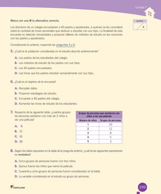 Unidad 7
puntos
4
Marca con una la alternativa correcta.
Los	directivos	de	un	colegio	encuestarán	a	40	padres	y	apoderados,	a	quienes	se	les	consultará	
sobre	la	cantidad	de	horas	semanales	que	dedican	a	estudiar	con	sus	hijos.	La	finalidad	de	esta	
encuesta	es	detectar	necesidades	y	proponer	talleres	de	métodos	de	estudio	en	las	reuniones	
con	los	padres	y	apoderados.
Considerando	lo	anterior,	responde	las	preguntas	5	y	6.
5.	¿Cuál	es	la	población	considerada	en	el	estudio	descrito	anteriormente?
A.	Los	padres	de	los	estudiantes	del	colegio.
B.	 Los	métodos	de	estudio	de	los	padres	con	sus	hijos.
C.	Los	40	padres	encuestados.
D.	Las	horas	que	los	padres	estudian	semanalmente	con	sus	hijos.
6.	¿Cuál	es	el	objetivo	de	la	encuesta?
A.	Recopilar	datos.
B.	 Proponer	estrategias	de	estudio.
C.	Encuestar	a	40	padres	del	colegio.
D.	Aumentar	las	horas	de	estudio	de	los	estudiantes.
7.	 Respecto	de	la	siguiente	tabla,	¿cuántos	grupos	
de	personas	asistieron	con	más	de	2	niños	a	
ver	una	película?
A.			 8
B.	 		12
C.			16
D.			28
8.	Según	los	datos	expuestos	en	la	tabla	de	la	pregunta	anterior,	¿cuál	de	las	siguientes	expresiones	
es	verdadera?
A.	Cinco	grupos	de	personas	fueron	con	tres	niños.
B.	 Quince	fueron	los	niños	que	vieron	la	película.
C.	Cuarenta	y	ocho	grupos	de	personas	fueron	considerados	en	la	tabla.
D.	La	variable	considerada	en	el	estudio	es	grupo	de	personas.
Grupos de personas que asistieron con
niños a ver una película
Número de niños Grupos de personas
1 20
2 12
3 8
4 5
5 3
299
 