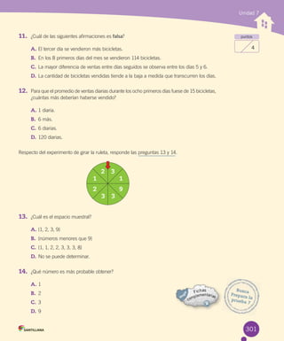 Unidad 7
11. ¿Cuál	de	las	siguientes	afirmaciones	es	falsa?
A.	El	tercer	día	se	vendieron	más	bicicletas.
B.	 En	los	8	primeros	días	del	mes	se	vendieron	114	bicicletas.
C.	La	mayor	diferencia	de	ventas	entre	días	seguidos	se	observa	entre	los	días	5	y	6.
D.	La	cantidad	de	bicicletas	vendidas	tiende	a	la	baja	a	medida	que	transcurren	los	días.
12. Para	que	el	promedio	de	ventas	diarias	durante	los	ocho	primeros	días	fuese	de	15	bicicletas,
¿cuántas	más	deberían	haberse	vendido?
A.	1	diaria.
B.	 6	más.
C.	6	diarias.
D.	120	diarias.
Respecto	del	experimento	de	girar	la	ruleta,	responde	las	preguntas	13	y	14.
13. ¿Cuál	es	el	espacio	muestral?
A.	{1,	2,	3,	9}
B.	 {números	menores	que	9}
C.	{1,	1,	2,	2,	3,	3,	3,	8}
D.	No	se	puede	determinar.
14. ¿Qué	número	es	más	probable	obtener?
A.	1
B.	 2
C.	3
D.	9
2 3
11
92
33
puntos
4
Busca
Prepara	laprueba	7
301
 