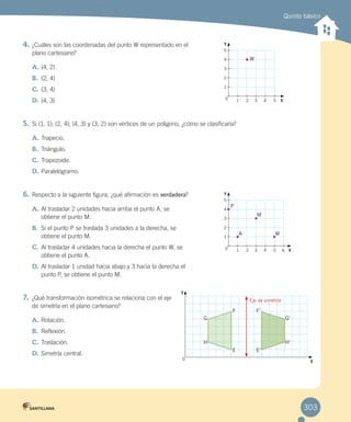 Quinto básico
4.	¿Cuáles son las coordenadas del punto W representado en el
plano cartesiano?
A.	(4, 2)
B.	 (2, 4)
C.	(3, 4)
D.	(4, 3)
5.	Si (1, 1); (2, 4); (4, 3) y (3, 2) son vértices de un polígono, ¿cómo se clasificaría?
A.	Trapecio.
B.	 Triángulo.
C.	Trapezoide.
D.	Paralelógramo.
6.	Respecto a la siguiente figura, ¿qué afirmación es verdadera?
A.	Al trasladar 2 unidades hacia arriba el punto A, se
obtiene el punto M.
B.	 Si el punto P se traslada 3 unidades a la derecha, se
obtiene el punto M.
C.	Al trasladar 4 unidades hacia la derecha el punto W, se
obtiene el punto A.
D.	Al trasladar 1 unidad hacia abajo y 3 hacia la derecha el
punto P, se obtiene el punto M.
7.	 ¿Qué transformación isométrica se relaciona con el eje
de simetría en el plano cartesiano?
A.	Rotación.
B.	 Reflexión.
C.	Traslación.
D.	Simetría central.
5
4
3
2
1
1 2 3 4 5 X0
Y
5
4
3
2
1
1 2 3 4 5 6 X0
Y
W
P
M
WA
H H’
G G’
F
Eje de simetría
F’
E E’
0
Y
X
303
 