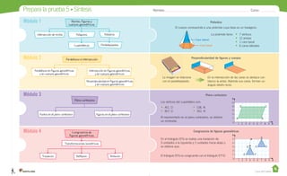 Prepara la prueba 5 • Síntesis Nombre: Curso:
Casa del Saber
Módulo 2
Módulo 3
Plano cartesiano
Puntos en el plano cartesiano Figuras en el plano cartesiano
Módulo 4
Módulo 1
Paralelismo en figuras geométricas
y en cuerpos geométricos
Intersección en figuras geométricas
y en cuerpos geométricos
Perpendicularidad en figuras geométricas
y en cuerpos geométricos
Paralelismo e intersección
Poliedros
El cuerpo corresponde a una pirámide cuya base es un hexágono.
• 7 vértices
• 12 aristas
• 1 cara basal
• 6 caras laterales
La pirámide tiene:
Perpendicularidad de figuras y cuerpos
La imagen se relaciona
con el paralelepípedo.
En la intersección de las caras se destaca con
blanco la arista. Además sus caras, forman un
ángulo diedro recto.
Congruencia de figuras geométricas
En el triángulo EFG se realiza una traslación de
3 unidades a la izquierda y 2 unidades hacia abajo y
se obtiene que:
El triángulo EFG es congruente con el triángulo E’F’G’.
Plano cartesiano
Los vértices del cuadrilátero son:
Al representarlo en el plano cartesiano, se obtiene
un romboide.
Rectas, figuras y
cuerpos geométricos
Intersección de rectas Poliedros
ParalelepípedosCuadriláteros
Polígonos
Congruencia de
figuras geométricas
ReflexiónTraslación Rotación
Transformaciones isométricas
Cara lateral
Cara basal
5
4
3
2
1
1 2 3 4 5 6 7 8 9 X
0
Y
5
4
3
2
1
1 2 3 4 5 6 7 8 9 X
0
Y
• A(1, 1)
• B(7, 1)
• C(8, 4)
• D(2, 4)
A
D
B
C
G’
G
E’
E
F’
F
La imagen se relaciona
 