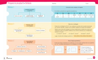 Prepara la prueba 6 • Síntesis Nombre: Curso:
Casa del Saber
Módulo 1
Módulo 2
Módulo 3
Conversión entre unidades de longitud
En la tabla se presentan las siguientes equivalencias.
km hm dam m dm cm mm
9 90 900 9.000 90.000 900.000 9.000.000
0,005 0,05 0,5 5 50 500 5.000
Área de figuras geométricas
El área de la figura mostrada en la cuadrícula, en la que cada cuadrado tiene una superficie
de 1 cm
2
, se puede descomponer en un rectángulo y un triángulo.
Medidas de longitud Unidades de
superficie
Conversión entre
unidades de longitud
Unidades de longitud
y superficie
Utilizando cuadrículas
Triángulos Paralelógramos Trapecios
Área de paralelógramos
Área de triángulos
Área de trapecios
Área de figuras
geométricas
Área de un rectánguloPerímetro de figuras
geométricas
Perímetro y área
de rectángulos
Representación
de rectángulos
Área de un rectángulo
El área de un rectángulo es 32 km
2
y las medidas de sus lados solo se pueden representar
con números naturales. ¿Cuáles son los posibles medidas de los lados del rectángulo?
Debido a que el área del rectángulo se calcula multiplicando la medida de su base por la
medida de su altura, las posibles medidas son los números naturales que, al multiplicarse,
resultan 32. Es decir:
(1 • 32) km
2
= 32 km
2
(2 • 16) km
2
= 32 km
2
(4 • 8) km
2
= 32 km
2
Luego, los lados del rectángulo pueden ser: 1 km y 32 km, 2 km y 16 km, 4 km y 8 km.
El área del triángulo es
4 cm2
y la del rectángulo,
20 cm2
. Luego, el área total
de la figura es 24 cm2
.
 