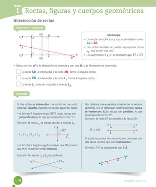Módulo
1
Unidad 5 / Geometría
Aprende
Intersección de rectas
•	 Marca	con	un	 	si	la	afirmación	es	correcta	y	con	una	 ,	si	la	afirmación	es	incorrecta.
	La	recta	CD,	al	intersectar	a	la	recta	AB,	forma	4	ángulos	rectos.
	La	recta	CD,	al	intersectar	a	la	recta	L1
,	forma	4	ángulos	rectos.
	La	recta	L1
	corta	en	un	punto	a	la	recta	L2
.
Rectas, figuras y cuerpos geométricos
Observa y responde
Si	la	distancia	que	separa	dos	o	más	rectas	es	siempre	
la	misma,	o	si	se	prolongan	indefinidamente,	nunca
se intersectan.	Estas	rectas	son	paralelas,	lo	que	
se	representa	como	“//”.
Ejemplo:	la	recta	EF	es	paralela	a	la	recta	GH.
Si	todos	los	puntos	de	una	recta	son	comunes	con	
otra	recta,	se	dice	que	son	coincidentes.
Ejemplo: PA	es	coincidente	con	LM.
Si	dos	rectas	se intersectan	o	se	cortan	en	un	punto,	
estas	son	secantes.	Además,	se	dan	los	siguientes	casos:
•	si	forman	4	ángulos	rectos	(90º),	estas	rectas	son		
			perpendiculares,	lo	que	se	representa	como	“=”.
Ejemplo:	la	recta	L1
	es	perpendicular	a	la	recta	L2
.
•	si	forman	2	ángulos	agudos	(mayor	que	0º	y	menor	
que	90º)	se	llaman	rectas	oblicuas.
Ejemplo:	las	rectas	L3
	y	L4	
son	oblicuas.
Simbología
•	 Las	rectas	de	color	azul	y	rojo	se	simbolizan	como:	
CD	y	AB.
•	 Las	rectas	también	se	pueden	representar	como		
L1
,	que	se	lee	“ele	uno”.
•	 Los	segmentos	EF	y	GH	se	simbolizan	por:	EF	y	GH.
A
B
DH
E
G
F
C
L1
L2
G
E
H
F
L1
L2
L1	=	L2	o	L2	=	L1	
EF	//	GH
L4
L3
P
L
M
A
90º
178
 