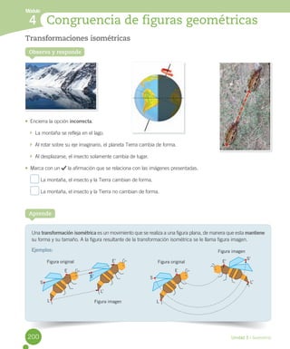 Módulo
Unidad 5 / Geometría
4 Congruencia de figuras geométricas
Transformaciones isométricas
•	 Encierra	la	opción	incorrecta.
		La	montaña	se	refleja	en	el	lago.
		Al	rotar	sobre	su	eje	imaginario,	el	planeta	Tierra	cambia	de	forma.
		Al	desplazarse,	el	insecto	solamente	cambia	de	lugar.
•	 Marca	con	un	 	la	afirmación	que	se	relaciona	con	las	imágenes	presentadas.
	La	montaña,	el	insecto	y	la	Tierra	cambian	de	forma.
	La	montaña,	el	insecto	y	la	Tierra	no	cambian	de	forma.
Una	transformación isométrica	es	un	movimiento	que	se	realiza	a	una	figura	plana,	de	manera	que	esta	mantiene	
su	forma	y	su	tamaño.	A	la	figura	resultante	de	la	transformación	isométrica	se	le	llama	figura	imagen.
Ejemplos:	
Aprende
Observa y responde
E
E’
Figura imagen
Figura imagen
Figura original Figura original
S
S’
L
L’
S’
S
L’
L
E’
E
200
 