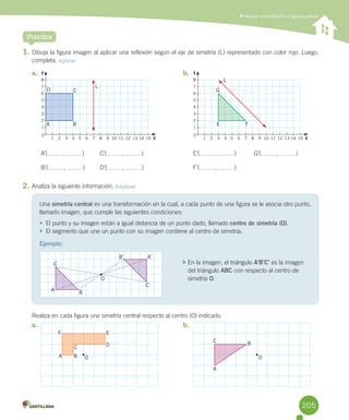Practica
1.	Dibuja	la	figura	imagen	al	aplicar	una	reflexión	según	el	eje	de	simetría	(L)	representado	con	color	rojo.	Luego,	
completa.	Aplicar
A’( ,	 )	 C’( ,	 )	 E’( ,	 )	 G’( ,	 )
B’( ,	 )	 D’( ,	 )	 F’( ,	 )
2.	Analiza	la	siguiente	información.	Analizar
Realiza	en	cada	figura	una	simetría	central	respecto	al	centro	(O)	indicado.
	Aplicar una reflexión a figuras planas
Una	simetría central	es	una	transformación	en	la	cual,	a	cada	punto	de	una	figura	se	le	asocia	otro	punto,	
llamado	imagen,	que	cumple	las	siguientes	condiciones:
•	 El	punto	y	su	imagen	están	a	igual	distancia	de	un	punto	dado,	llamado	centro de simetría (O).
•	 El	segmento	que	une	un	punto	con	su	imagen	contiene	al	centro	de	simetría.
Ejemplo:
En	la	imagen,	el	triángulo	A’B’C’	es	la	imagen	
del	triángulo	ABC	con	respecto	al	centro	de	
simetría	O.
a.	 b.	
a.	 b.	
A B
O
B’ A’
C’
C
A
A
C
B
B O O
C
D
EF
8
7
6
5
4
3
2
1
1 2 3 4 5 6 7 8 9 10 11 12 13 14 15 X
0
Y
8
7
6
5
4
3
2
1
1 2 3 4 5 6 7 8 9 10 11 12 13 14 15 X
0
Y
A E F
G
B
CD
L
L
		
205
 