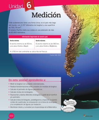 Unidad 6
En esta unidad aprenderás a:
• Medir	la	longitud	con	unidades	estandarizadas.
• Realizar	transformaciones	entre	unidades	de	medidas	de	longitud.
• Calcular	el	perímetro	de	figuras	geométricas.
• Calcular	el	área	de	rectángulos.
• Representar	y	diseñar	diferentes	rectángulos,	a	partir	de	la	superficie
y/o	perímetro.
• Calcular	el	área	de	triángulos,	paralelógramos	y	trapecios,	ocupando
conteo	de	cuadrículas,	la	comparación	con	el	área	de	rectángulos
y	la	completación	de	figuras	por	traslación.
• Manifestar	interés	y	curiosidad	por	el	aprendizaje	de	la	Matemática.
Medición
Chile sudamericano tiene una forma única: es el país más largo
del mundo, con 4.337 kilómetros de longitud y una superficie
de 755.776 km2
.
El océano Pacífico baña sus costas en una extensión de más
de 83.850 kilómetros.
Información importante de nuestro país
Ancho mínimo
El	ancho	mínimo	es	de	90	km,		
y	se	ubica	frente	a	Illapel.
Ancho máximo
El	ancho	máximo	es	de	360	km,	
y	se	ubica	frente	a	Mejillones.
A	3.700	km	del	continente	se	ubica	Isla	de	Pascua.	
Fuente:	IGM,	2010.
222
 
