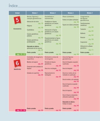 Índice
Unidad Módulo 1 Módulo 2 Módulo 3 Módulo 4
Geometría
Rectas, figuras y
cuerpos geométricos
Intersección de rectas
pág. 178
Polígonos
pág. 180
Cuadriláteros
pág. 182
Cuerpos geométricos:
poliedros
pág. 184
Cuerpos geométricos:
paralelepípedos
pág. 186
Educando en valores:
optimización de los recursos
pág. 187
Ponte a prueba
pág. 187
Paralelismo e
intersección
Paralelismo en figuras
geométricas y en cuerpos
geométricos
pág. 188
Intersección en figuras
geométricas y en cuerpos
geométricos
pág. 190
Perpendicularidad en figuras
geométricas y en cuerpos
geométricos
pág. 192
Ponte a prueba
pág. 193
Plano cartesiano
Puntos en el plano cartesiano
pág. 196
Figuras en el plano cartesiano
pág. 198
Ponte a prueba
pág. 199
Congruencia
de figuras
geométricas
Transformaciones
isométricas
pág. 200
Traslación
pág. 202
Reflexión
pág. 204
Rotación
pág. 206
Congruencia
pág. 208
Utilización de software
geométrico
pág. 211
Ponte a prueba
pág. 211
Medición
Unidades de longitud y
superficie
Medidas de longitud
pág. 224
Conversión entre unidades de
longitud
pág. 226
Unidades de superficie
pág. 228
Ponte a prueba
pág. 229
Perímetro y área de
rectángulos
Perímetro de figuras
geométricas
pág. 230
Área de un rectángulo
pág. 232
Representación de
rectángulos
pág. 234
Ponte a prueba
pág. 235
Área de figuras
geométricas
Área de triángulos ocupando
cuadrículas
pág. 238
Área de triángulos
pág. 240
Área de un rombo y de un
romboide en cuadrículas
pág. 242
Área de rombos y de romboides
pág. 244
Área de trapecios ocupando
cuadrículas
pág. 246
Área de trapecios
pág. 248
Área de figuras compuestas
utilizando cuadrículas
pág. 250
Educando en valores:
trabajo en equipo
pág. 245
Ponte a prueba
pág. 251
5
págs. 176 - 221
págs. 222 - 261
6
 