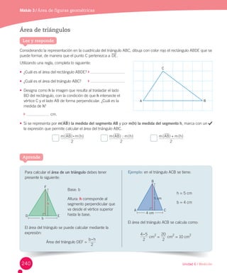 Unidad 6 / Medición
Para	calcular	el	área de un triángulo	debes	tener	
presente	lo	siguiente:
Base:	b
Altura:	h	corresponde	al	
segmento	perpendicular	que	
va	desde	el	vértice	superior	
hasta	la	base.
El	área	del	triángulo	se	puede	calcular	mediante	la	
expresión:
Área	del	triángulo	DEF	=	
b h
2
:
Módulo 3 / Área de figuras geométricas
Aprende
Área de triángulos
Considerando	la	representación	en	la	cuadrícula	del	triángulo	ABC,	dibuja	con	color	rojo	el	rectángulo	ABDE	que	se	
puede	formar,	de	manera	que	el	punto	C	pertenezca	a	DE.
Utilizando	una	regla,	completa	lo	siguiente:
•	 ¿Cuál	es	el	área	del	rectángulo	ABDE?	 	
•	 ¿Cuál	es	el	área	del	triángulo	ABC?	 	
•	 Designa	como	h	la	imagen	que	resulta	al	trasladar	el	lado	
BD	del	rectángulo,	con	la	condición	de	que	h	intersecte	el	
vértice	C	y	el	lado	AB	de	forma	perpendicular.	¿Cuál	es	la	
medida	de	h?
	 	cm.
•	 Si	se	representa	por	m(AB) la medida del segmento AB	y	por	m(h) la medida del segmento h,	marca	con	un	 	
la	expresión	que	permite	calcular	el	área	del	triángulo	ABC.
	
( ) ( )m AB m h
2
:
															 	
( ) : ( )m AB m h
2
															 	
( ) ( )m AB m h
2
+
	
Lee y responde
Ejemplo: en	el	triángulo	ACB	se	tiene:
h	=	5	cm
b	=	4	cm
El	área	del	triángulo	ACB	se	calcula	como:
2
4 5:
	cm
2
	=	
2
20
	cm
2
	=	10	cm
2
A B
C
D E
F
A C
B
b
4 cm
5 cm
h
240
 