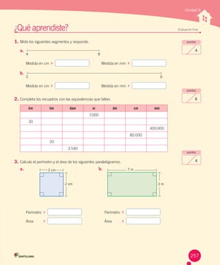 ¿Qué	aprendiste?	 Evaluación final
Unidad 6
puntos
4
puntos
6
puntos
4
1.	Mide	los	siguientes	segmentos	y	responde.
a.	
Medida	en	cm		 		 											Medida	en	mm		 		
b.	
Medida	en	cm		 		 											Medida	en	mm		 		
2.	Completa	los	recuadros	con	las	equivalencias	que	faltan.
km hm dam m dm cm mm
7.000
30
400.000
80.000
20
3.540
3.	Calcula	el	perímetro	y	el	área	de	los	siguientes	paralelógramos.
a.	
Perímetro	 		 	
Área	 		 	
b.	
Perímetro	 		 	
Área	 		 	
3 m
7 m
2 cm
2 cm
A B
C D
257
 